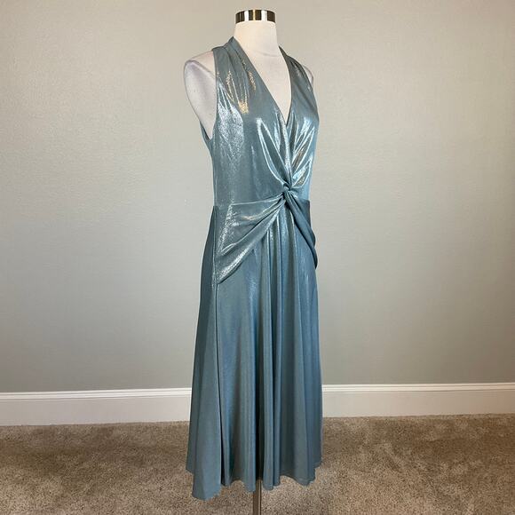 Ralph Lauren A-Line Cocktail Dress Size 8 Metallic Silver Blue Sleeveless Midi - Picture 2 of 10